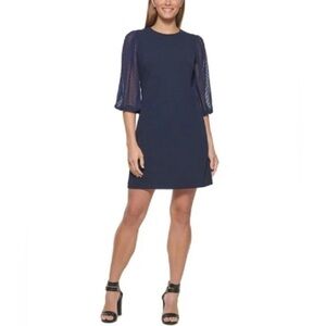 DKNY Women’s Size 8 Navy Blue Dress with Sheer Pleated Puff Sleeves Classic